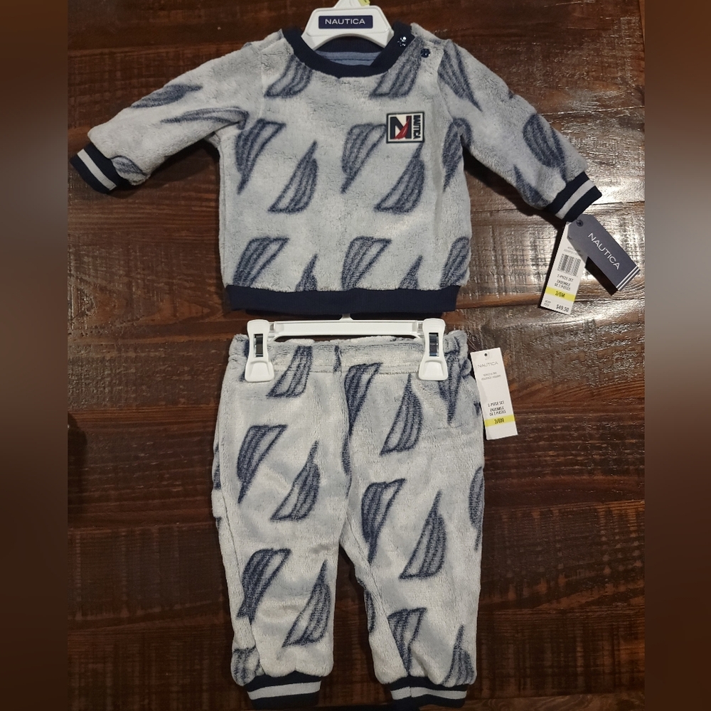 NAUTICA Infant Baby‎ Boy Velour Sail Print Set Blue/Gray 3/6 Months NWT